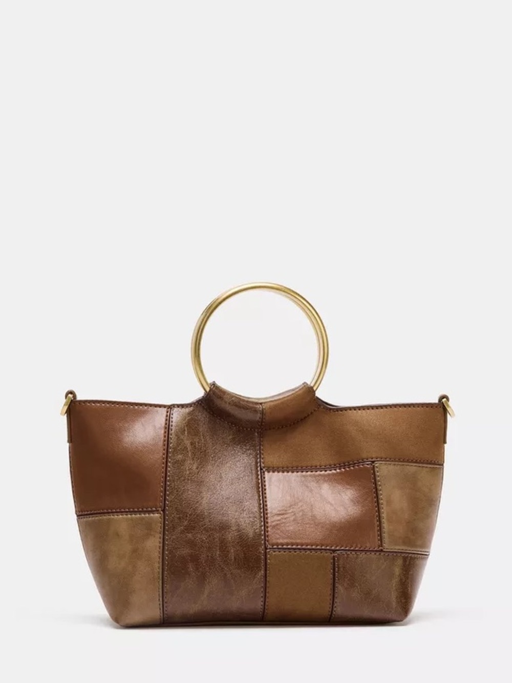 Zara Brown Patchwork Mini Crossbody Bag with Gold Ring Handle